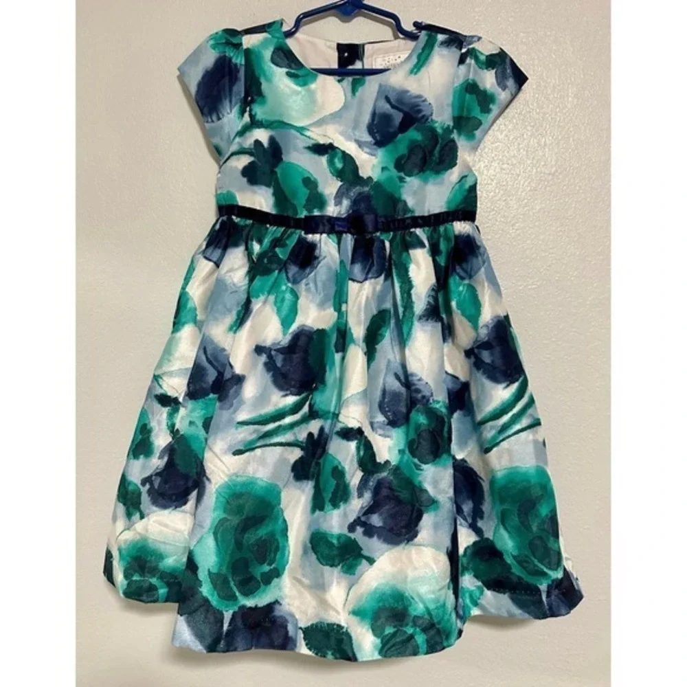 Gymboree Floral Party Dress Kids 5T Teal Navy Excellent‎ Watercolor Satin Bow